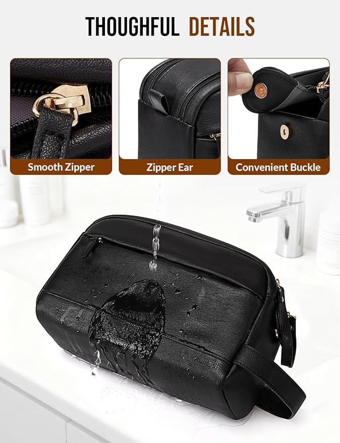 PU Leather Toiletry Bag for Men - Water Resistant Travel Bag for Toiletries, Bathroom Essentials, Accessories - Black
