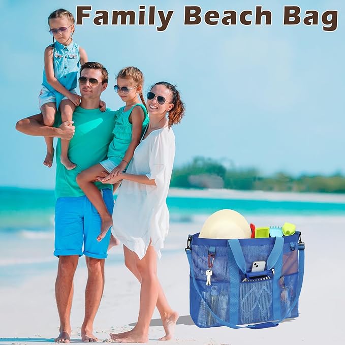 Fammart Mesh Beach Bag, Large Beach Tote with Zipper Pocket, Toys Pool Bag for Family Travel Vacation Cruise Essentials