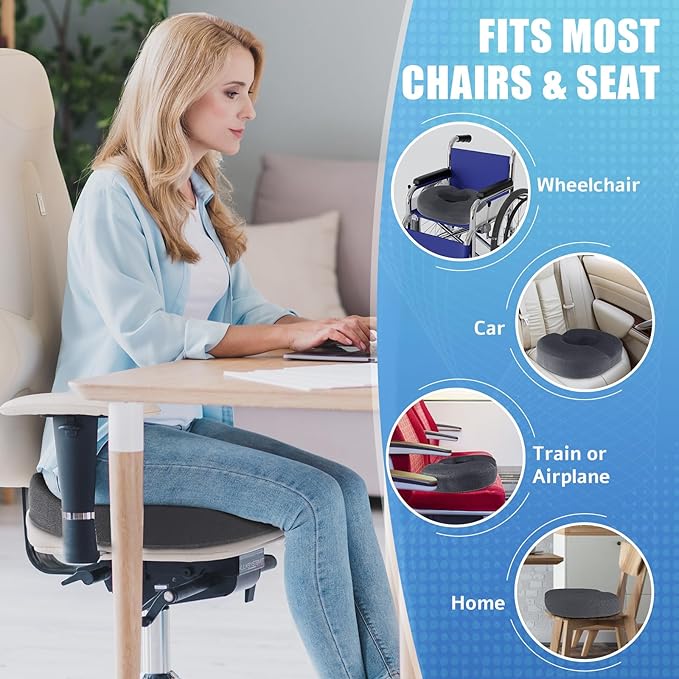 BlissTrends Donut Pillow Seat Cushion, Donut Chair Cushions for Postpartum Pregnancy & Hemorrhoids, Tailbone Pain Relief Cushion, Memory Foam Lifting Cushions for Office & home Chairs (Grey, XX-Large)