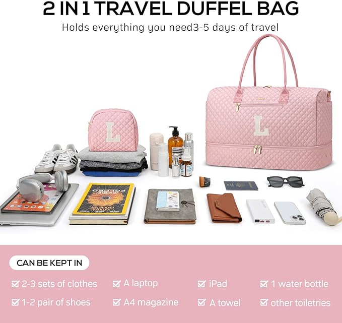 Letter Weekender Bags for Womens - Duffle Bag with Shoe Compartment Personalized Overnight Bag with Toiletry Bag Duffel Bags for Gym Hospital Bags Gift for Women Pink (Letter L)