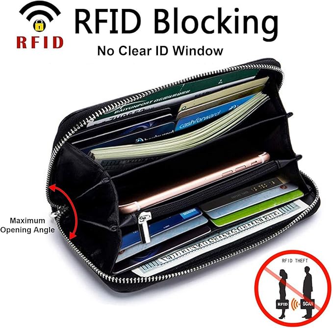 Moflycom Womens Wallet RFID Blocking Genuine Leather Zip Around Wallet Clutch Wristlet Travel Long Purse for Women
