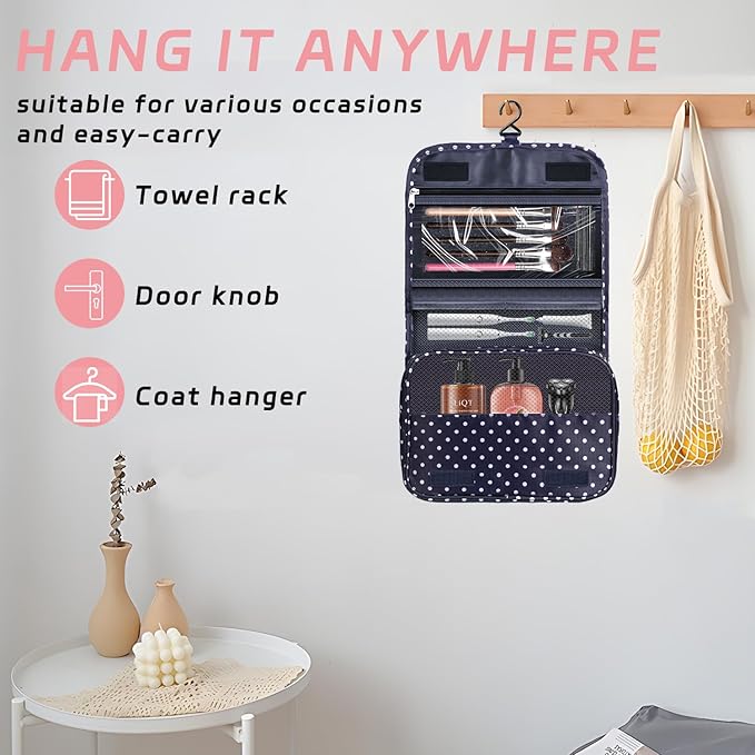 Toiletry Bag Travel Bag with Hanging Hook, Waterproof Capacity Hanging Multifunctional Makeup Bag for Toiletries, Portable Cosmetic Bag Travel Organizer for Women and Men(Navy Dot)