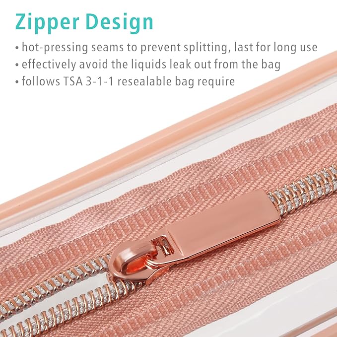 F-color 2 Pack Clear Makeup Bag, 1 Medium TSA Approved Toiletry Bag Quart Size Carry On & 1 Large for Checked Luggage, Water-resistant Clear Travel Bags for Toiletries, Rose Pink
