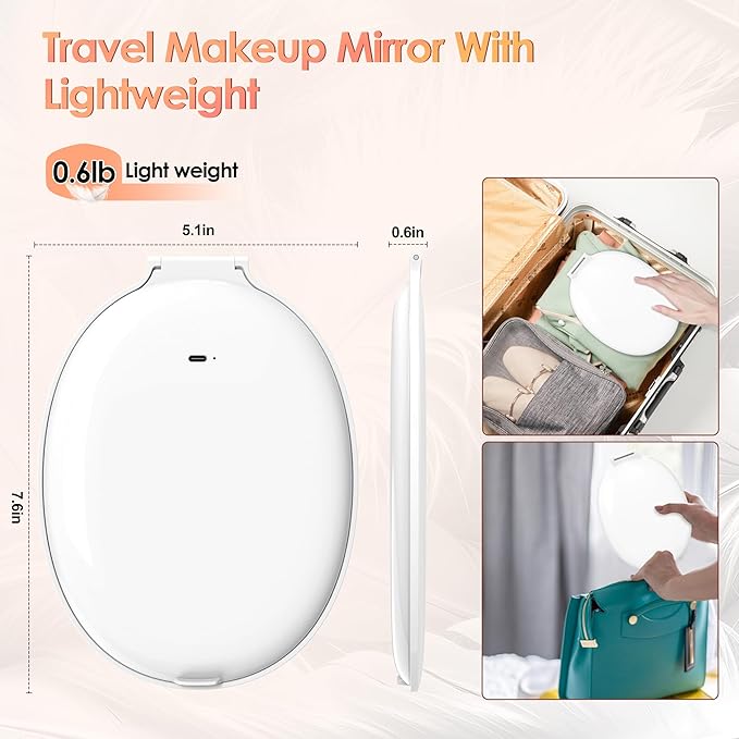 COSYGLOW Travel Makeup Mirror with Light: 3 Color Lighting Portable Mirror with Touch Screen Rechargeable Adjustable LED Lights Hexagon Vanity Mirror for Travel, Desk, Home (Round White)