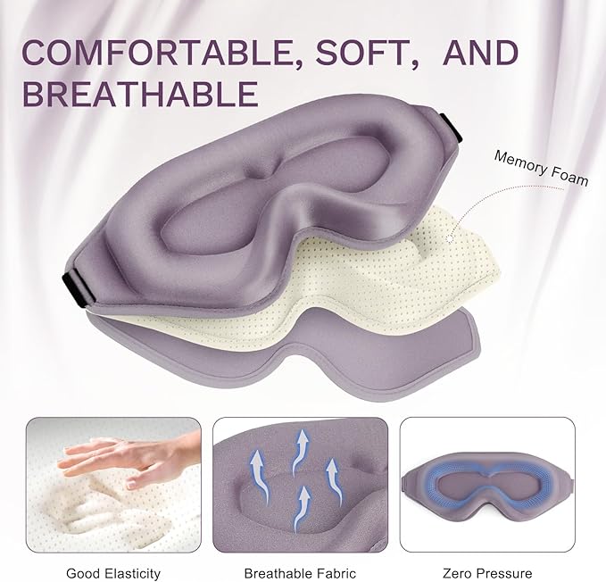 99% Fully Block Out Light Eye Sleep Mask, 3D Deep Contoured Eyes Cover Zero Pressure, Long Lash Extension Eyes Mask with Adjustable Straps for Sleeping Travel Home Nap Rest Women Men (Light Purple)