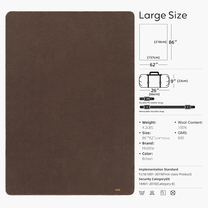 100% Wool Blanket, 62" x 86", Warm, Thick, Washable, Military Wool Blanket, Great for Camping, Outdoors, Sporting Events, Survival Kits, Brown