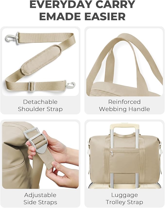 Percover Weekender Travel Duffel Bag for Women, Lightweight Soft-Structure 33L Carry-On, Water-Resistant Nylon with Shoulder Strap & Trolley Sleeve, Personal Item Friendly, Camel Tan