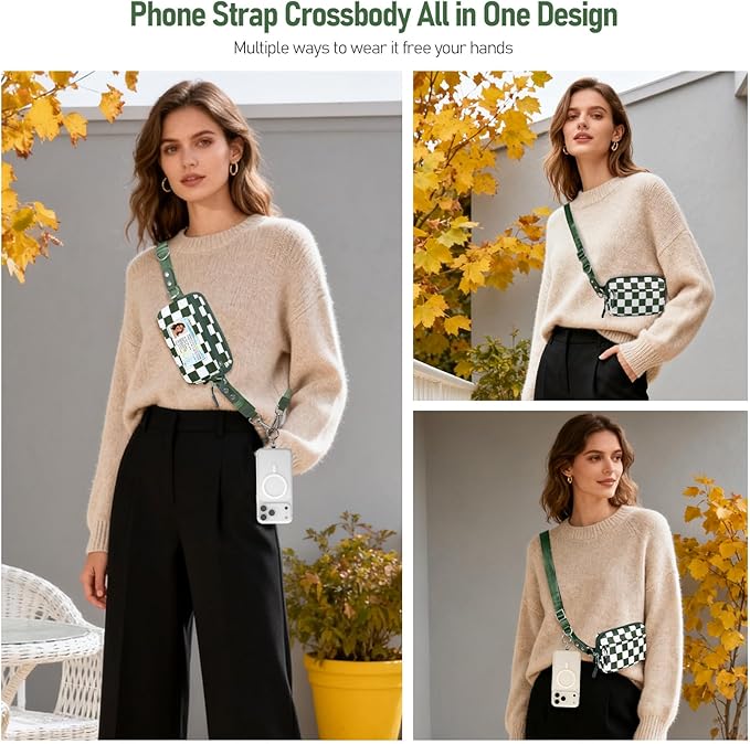 Tiostep Clip and Go Strap for Phone with Wallet Crossbody Phone Lanyard and Detachable Checkered Bag with ID Window and RFID Pouch for Daily Travel.