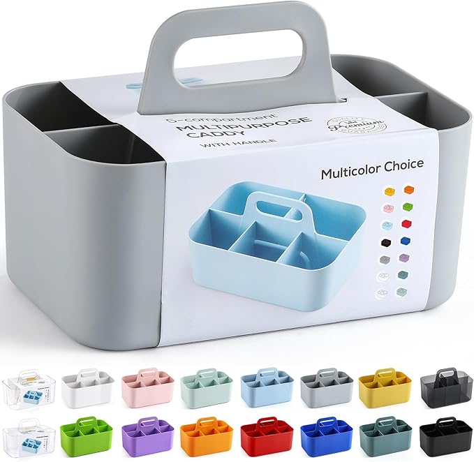 Multiuse Caddy Organizer with Handle, Portable Divided Plastic Tote Bin - Art Craft, Stationary Pen Marker Crayons, Makeup Hair Supplies Storage - Bathroom, Classroom, Dorm, Office, Desk Holder - Grey