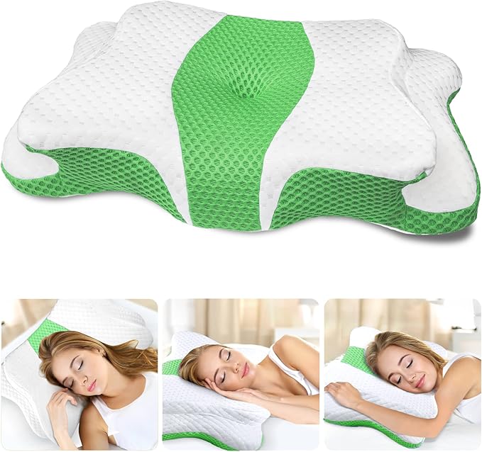 Memory Foam Pillows, Cervical Pillow for Neck and Shoulder Pain Relief, Ergonomic Contour Bed Pillow, Soft for Side Sleep Stomach Sleeping and Back Sleeper-Queen Size&Green