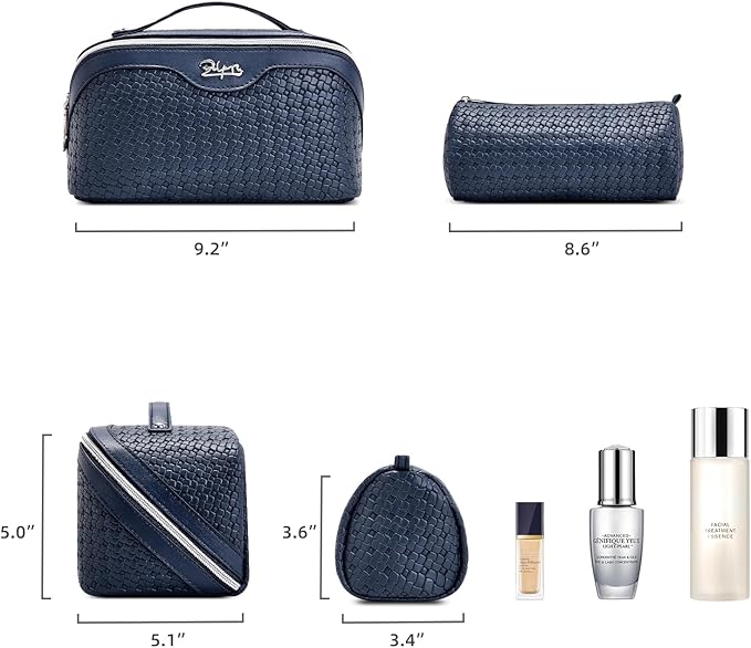 BOYATU Travel Makeup Bag Cosmetic Bags for Women: Large Capacity 3 Pcs Set Make up Bag with Compartments - Waterproof Vegan Leather Toiletry Organizer Bags with Handle (L40 Blue)