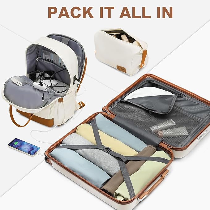 Kono Airline Approved Suitcase Set 3 Piece Luggage Set Lightweight Carry On Travel Luggage, TSA Lock Spinner Wheels Hardshell (Cream/Brown, 3 piece set (BP/TB/20))