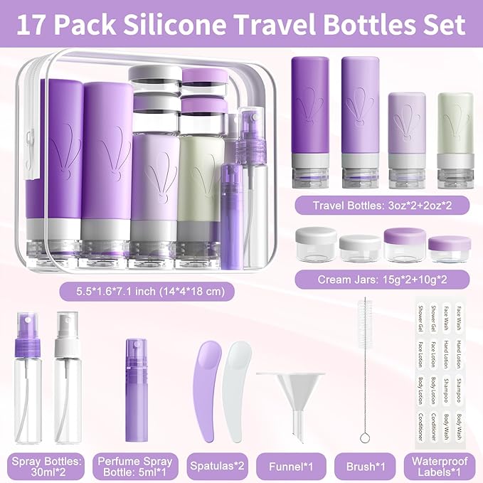 INSFIT 17 Pack Travel Bottles for Toiletries, TSA Approved 3oz 2oz Travel Size Toiletries, BPA Free Leak Proof Squeezable Silicone Tubes Travel Essentials for Shampoo Conditioner Lotion Soap