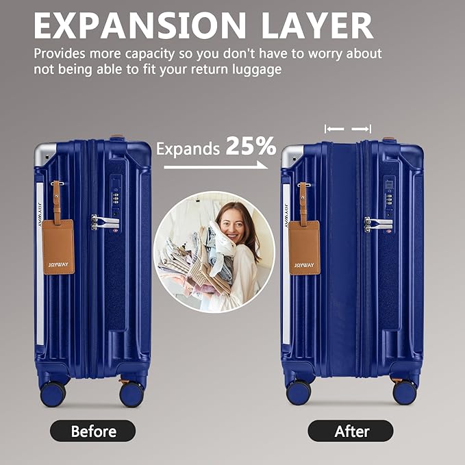 Joyway Luggage Sets 3 Piece, Expandable Suitcase with Smart Cup Holder and USB Port, Hardside Carry On Checked with TSA Lock Spinner Double Wheels, Blue