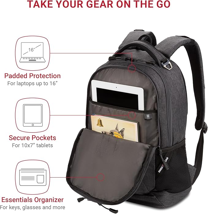 SwissGear 5505 Cecil 16” Laptop Backpack Charcoal – Daily Laptop Bag with Gear Attachment Options – Multiple Organizer Pockets & Padded Shoulder Straps
