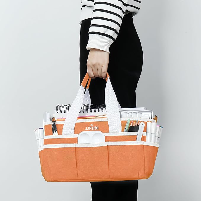 JJRING Craft Organizer Tote Bag, Art Storage Caddy with Multiple Pockets, Orange Sewing Bag for Art, Craft, Scrapbooking, School, Medical, and Office Supplies Storage
