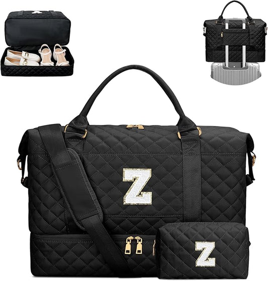 Gifts for Women Birthday Initial Travel Duffle Bag Quilted Weekender Bags Carry-On Overnight with Cosmetic Bag, Gym Bag with Shoe Compartment Hospital Bag for Women Labor Delivery, Black Z