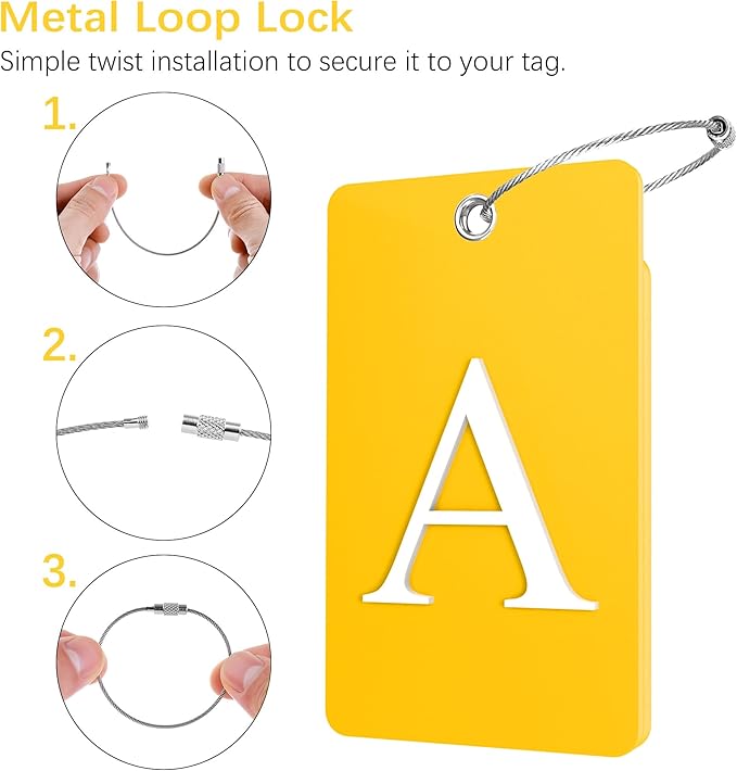 Gostwo 2 Pack Luggage Tags for Suitcases, 26 Initial Letter Travel Luggage Baggage Identification Labels ID Tag Fully Bendable Tags with Stainless Steel Loop (Yellow) (Letter A)