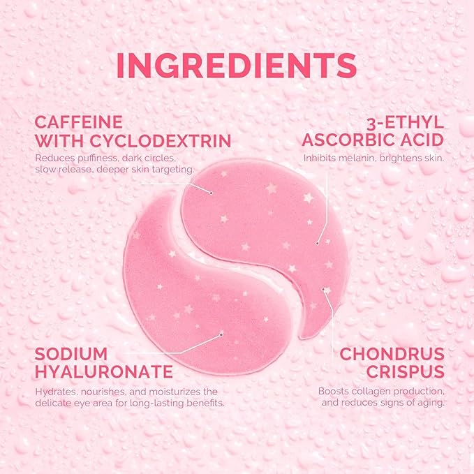 Enaskin Naturals Under Eye Patches for Dark Circles: 60 Pairs Caffeine Eye Gels Mask - Reduce Wrinkles Puffy & Bags - Skin Treatment Pads - Anti Aging Moisturizer For Women (Pink 2 Pack)