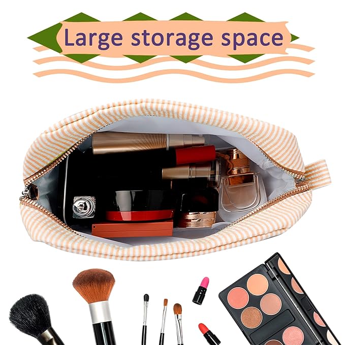 GFU Cosmetic Bags for Women, Seersucker Cosmetic Bag, Travel Toiletry Stripe Makeup Bag, Large Women Aesthetic Organizer Storage Pouch, Girls Handbags Purses, Orange