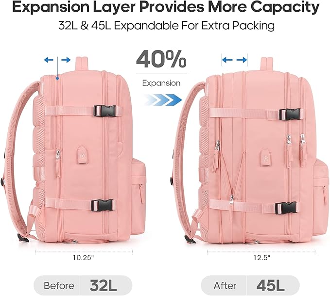 Bagsure Travel Backpack, 42L Carry on Luggage, Flight Approved Expandable Backpack, Laptop Backpack (Pink(Without 4 Packing Cubes))