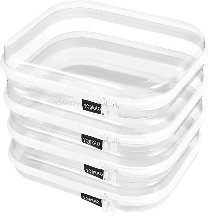 YQBRAO 4 Pack Clear Hard Shell Zipper Case, See-Through Hard Plastic Organizer Pouches with Zipper for Travel, Toiletries, Makeup, Toy, Electronics & Pencils - Crush-Resistant Storage