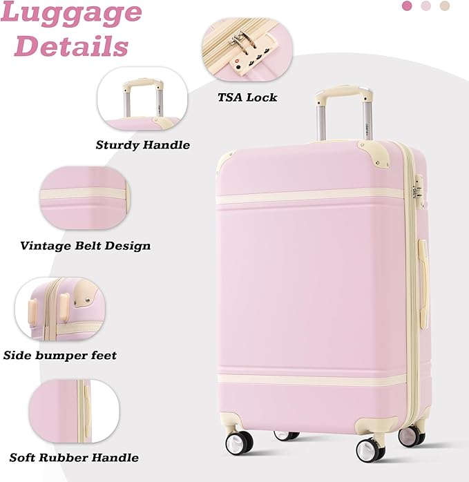 Merax Suitcase Set 24 inches Expandable Luggage with TSA Lock Spinner Wheels Hardshell Lightweight Vintage Luggage with Travel Bag,Light Pink