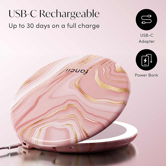Fancii Taylor LED Lighted Travel Makeup Mirror, Rechargeable, 10x /1x Magnifying, Tru-Glow Lighting System, XL Large 5” Wide | Compact Mirror for Purses (Marble Rose)
