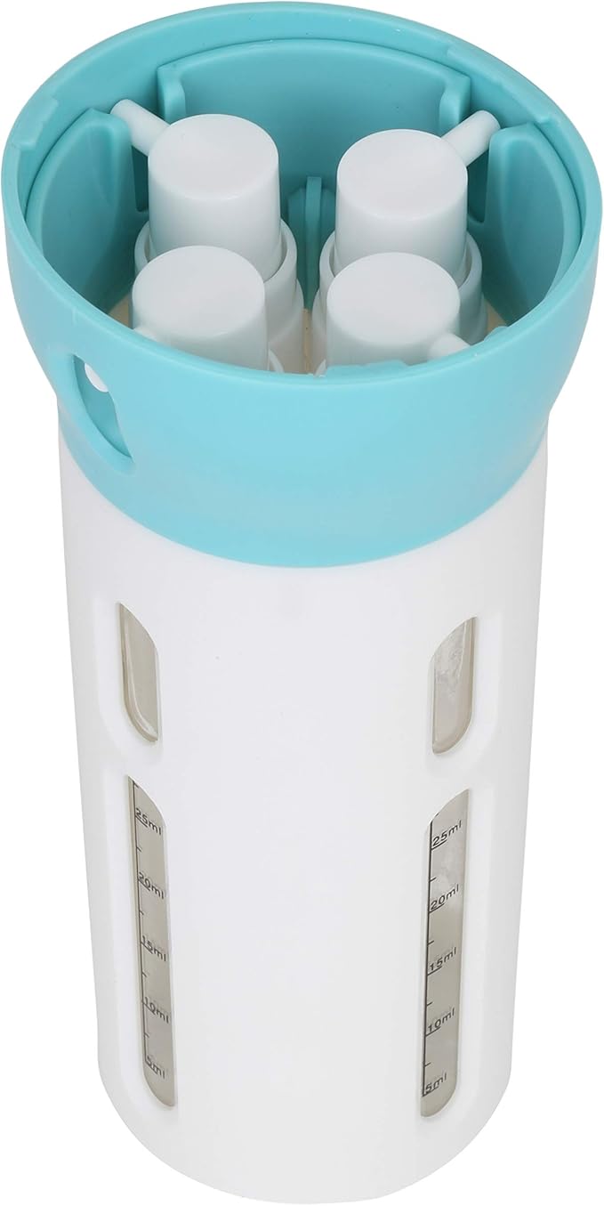 Travigo 4-in-1 Travel Dispenser Bottle, TSA Approved, Leak Proof, Four Reusable 1.4 oz. (40 mL) Toiletry Containers for Shampoo, Conditioner, Soap, Lotion, Skincare (Blue)