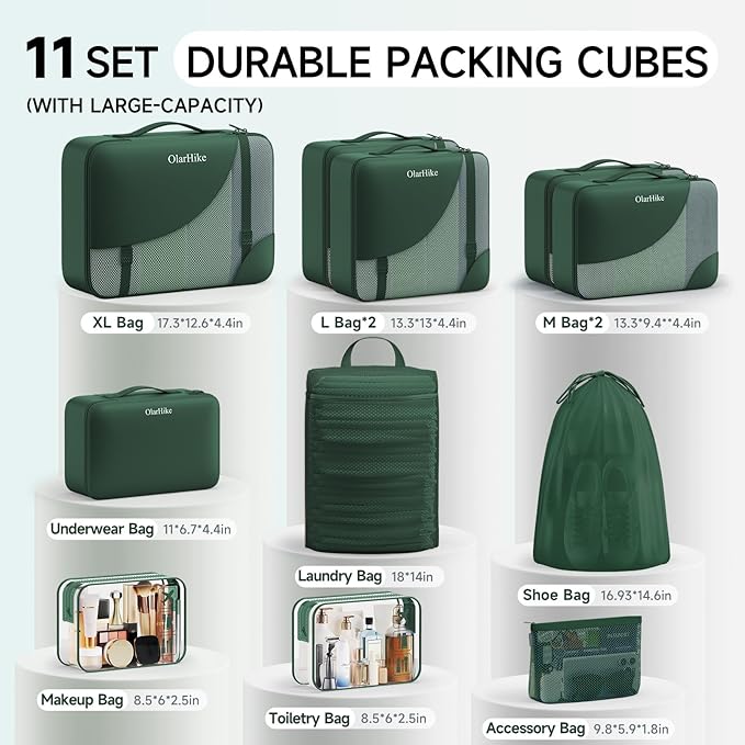 11 Set Packing Cubes for Travel, Gifts for Women Mom Kids, TSA Approved Bags for Makeup, Cosmetic, Toiletry, Suitcase Organizers for Checked Luggage, Cruise Essentials,Airplane Accessories, Dark Green