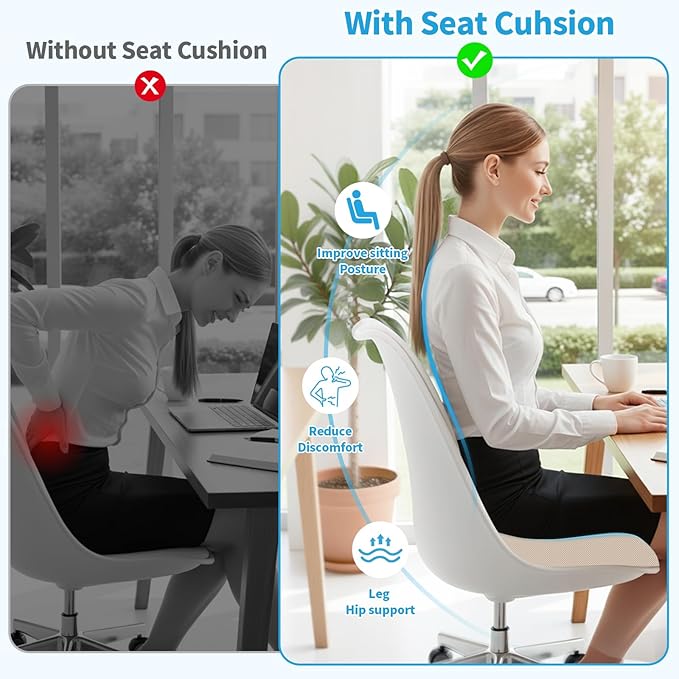 Large Seat Cushion, Memory Foam Cushion for Long Sitting Hours on Office Chair, Home & Car, Non-Slip Chair Pad for Relieving Back & Sciatica & Hip & Coccyx Pain (Khaki)