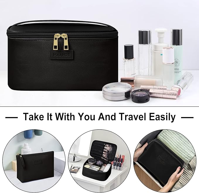 MAANGE Makeup Bag - Large Cosmetic Bag with 2pcs Small Makeup Bags Portable Leather Travel Makeup Bag Set Toiletry Bag Make Up Bags for Women and Girls (Black)