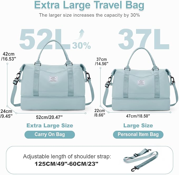 Large Weekender Bags for Women, Travel Duffel Bags with Shoe Compartment,Personal Item Travel Carry on Overnight bag for women Travel Set,Light Blue