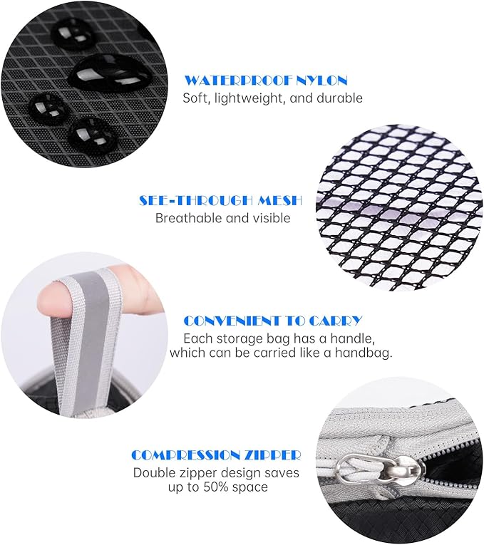 NiHome 7PCS Compression Packing Cube Set Expandable Mesh Travel Bag Luggage Organizers with Electronic Cable Cord Charger Organizer Drawstring Bag for Trip Home Storage Travel Gear Accessories (Black)