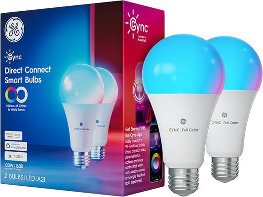 Cync GE Direct Connect A21 Smart LED Light Bulbs, 2 Pack | Color Changing Smart Lights, Compatible with Alexa, Google Home, & Matter, Full Color