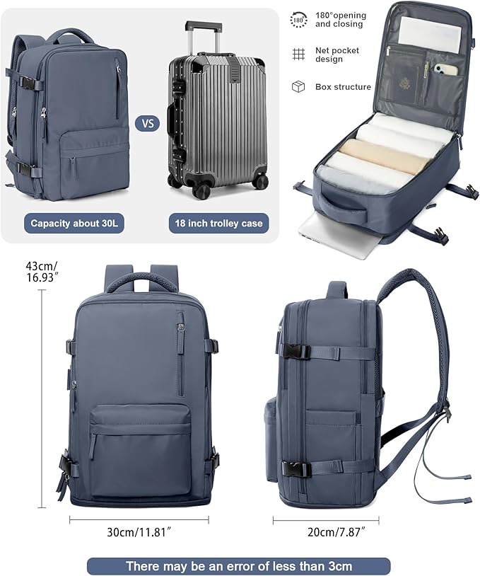 VGCUB Carry on Travel Backpack for Women Men Large Laptop Gym Work Frontier Airlines Personal Item Bag Business Airport Lightweight Backpack Flight Approved Mochilas de Viaje Grey Blue