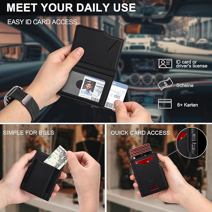 Wallet for Men Wallet with Slim Pop Up Card Holder 9-13 Cards, Bifold Minimalist Smart Wallet RFID Blocking Credit Card Holder with ID Window & Stretchable Cash Slot Compact Metal Aluminum Card Case