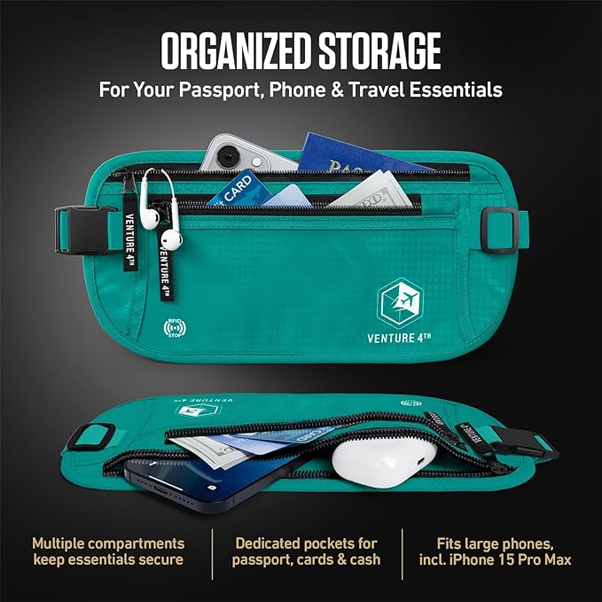 VENTURE 4TH Money Belt for Travel – Hidden Under-Clothes RFID Blocking Passport Holder & Slim Travel Wallet Pouch for Men & Women to Protect Cash, Cards & Documents (Turquoise)