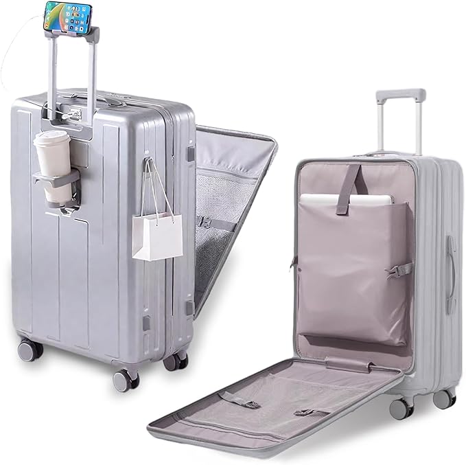 Gets Carry on Luggage Airline Approved,20 Inch Abs+Pc Hardshell Spinner Luggage With Cup Phone Holder and USB Charger,Front Pocket Durable Suitcase for Women Men-Silver