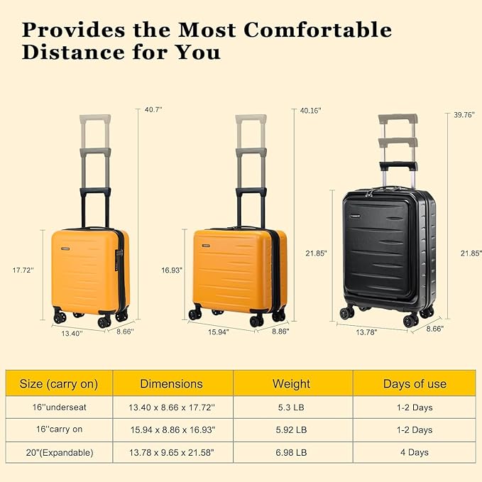 16 Inch Underseat Carry On Luggage Airline Approved, Expandable Lightweight ABS+PC Hard Shell Suitcases with 360° Spinner Wheels, TSA Lock, YKK Zipper, for Business Weekender (Orange, 1 PC)
