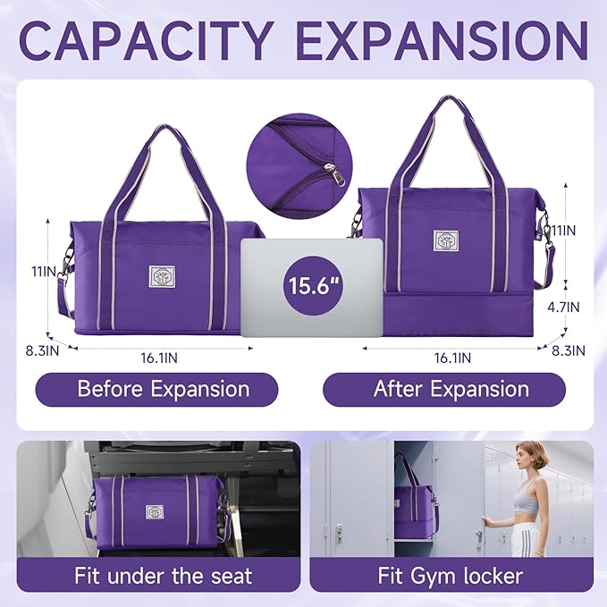 WALNEW Travel Duffel Bag, Weekender Overnight Carry On Bag for Women Men, Foldable Waterproof Gym Luggage Duffle Bag with Metal Buckle Detachable Shoulder Strap and Wet Compartment (Purple)