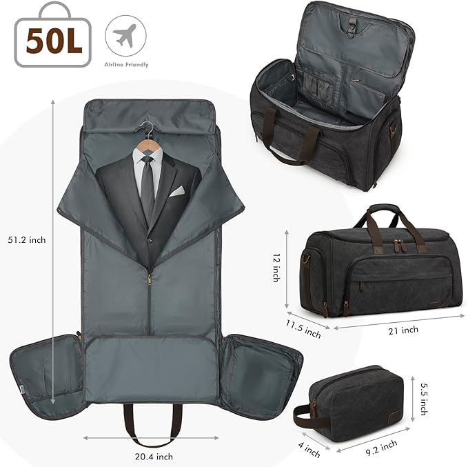 S-ZONE Carry On Garment Bag for Travel Convertible Duffle Bags for Men Women 2 in 1 Hanging Suitcase Business with Toiletry Bag