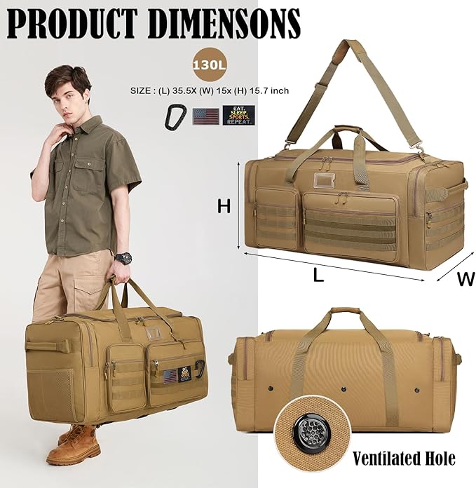 130L Extra Large Duffle Bag for Men, Heavy Duty Duffle Bag for Travel, Large Sports Gym Equipment Bag for Hockey Football Soccer Baseball Basketball & Team training, 130L, Brown