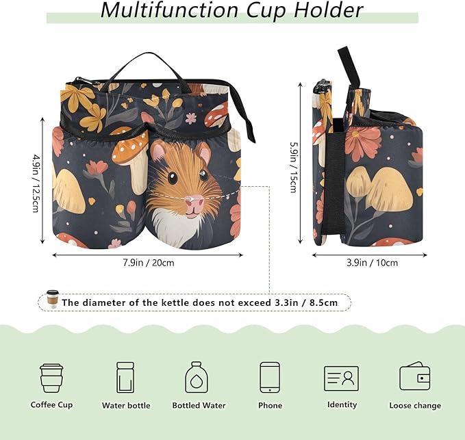 Guinea Pig Mushroom Floral Black Luggage Cup Holder Travel Portable Free Hand Drink Carrier Suitcase Drinks Beverage Holder Carry-On Bottle Mug Holder Organizer Bag Travelers Accessories