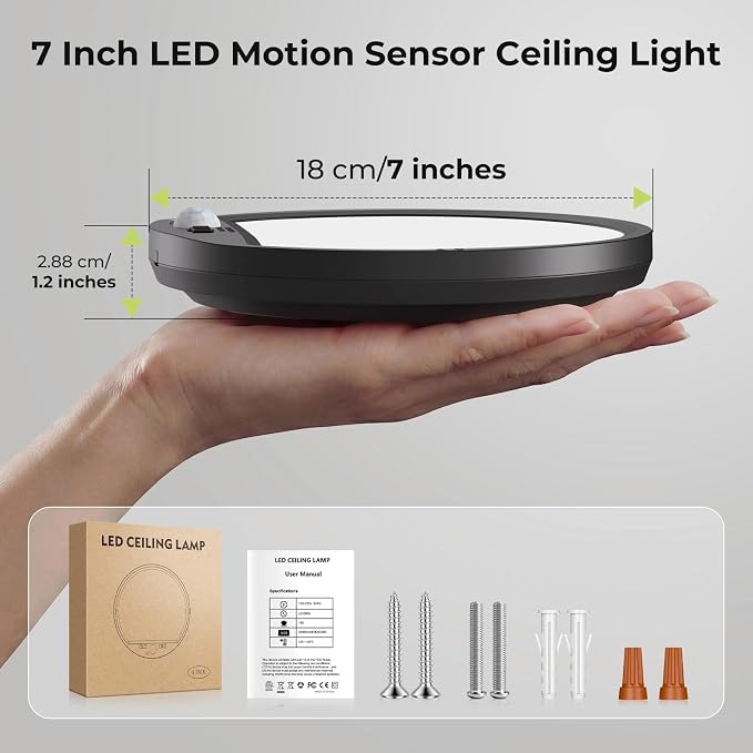 hepside Motion Sensor Ceiling Light Wired, 3000K/4000K/6500K LED Flush Mount Ceiling Light Fixture, 7Inch 15W Motion Sensor Light with Timer for Closet Stair Porch Hallway Pantry,Black