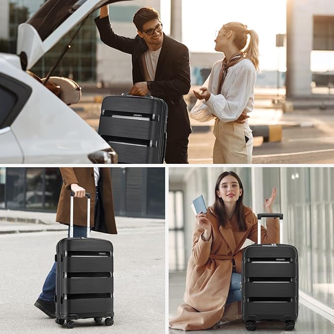 Kono Carry On Luggage 20 Inch Expandable 22x14x9 Airline Approved Hard Shell Travel Trolley 4 Spinner Wheels Lightweight Polypropylene Suitcase with TSA Lock, Black