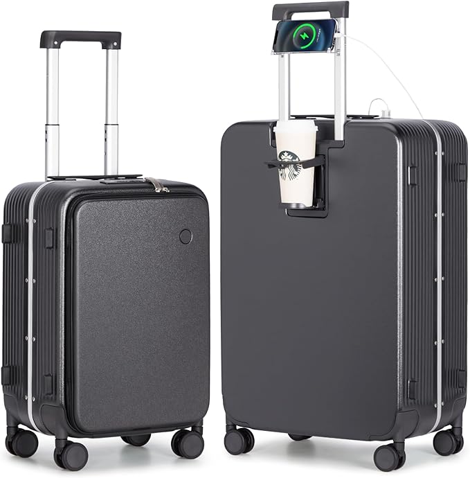 mixi 2-Piece Luggage Sets with Cup Phone Holder and Charger Hard Shell Suitcases with Spinner Wheels, 20+26 Rock Gray