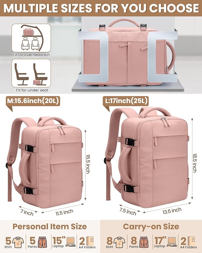 Travel Backpack for Women Man, Waterproof Personal Item Travel Bag Airline Approved Laptop Backpack Bookbag Weekender bags for Business,Travel, Work Fits 15.6 inch Laptop(Medium,Pink)