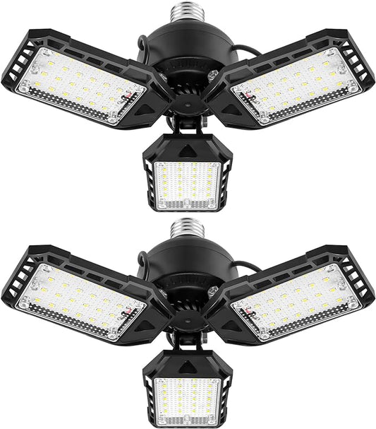 Aoretic LED Garage Lights for Garage LED Bay Lighting, E26/E27, 2 Pack | 3 Deformable Panels, Shop Barn Light Garage Ceiling Lights Bulb for Basement Warehouse Shop, 180W, 18000LM 6500K