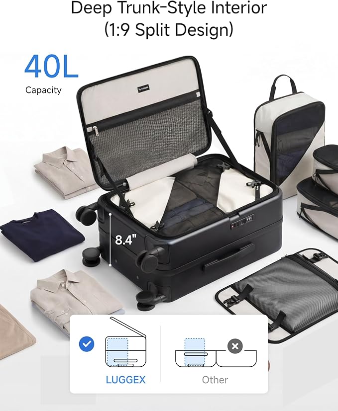 LUGGEX Carry On Luggage Top Opening & Front Opening, FLP Aluminum Frame Trunk Style Luggage with Front Pocket, Polycarbonate Hard Shell Suitcase (FX- Enhance, Blue, 21 Inch, 38L)